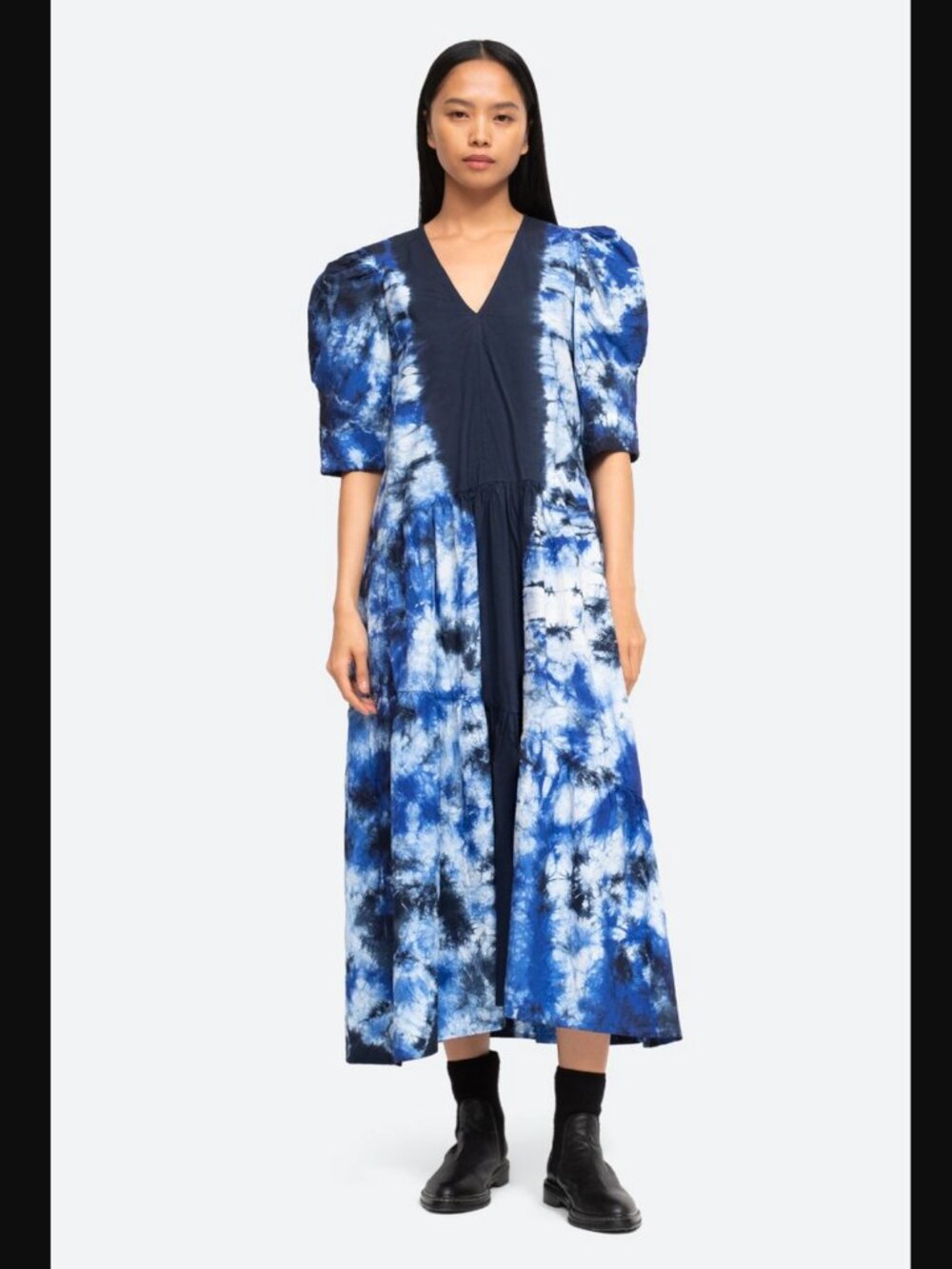 Sea New York Blue and White Tie-Dye V-Neck Midi Dress 100% Cotton
